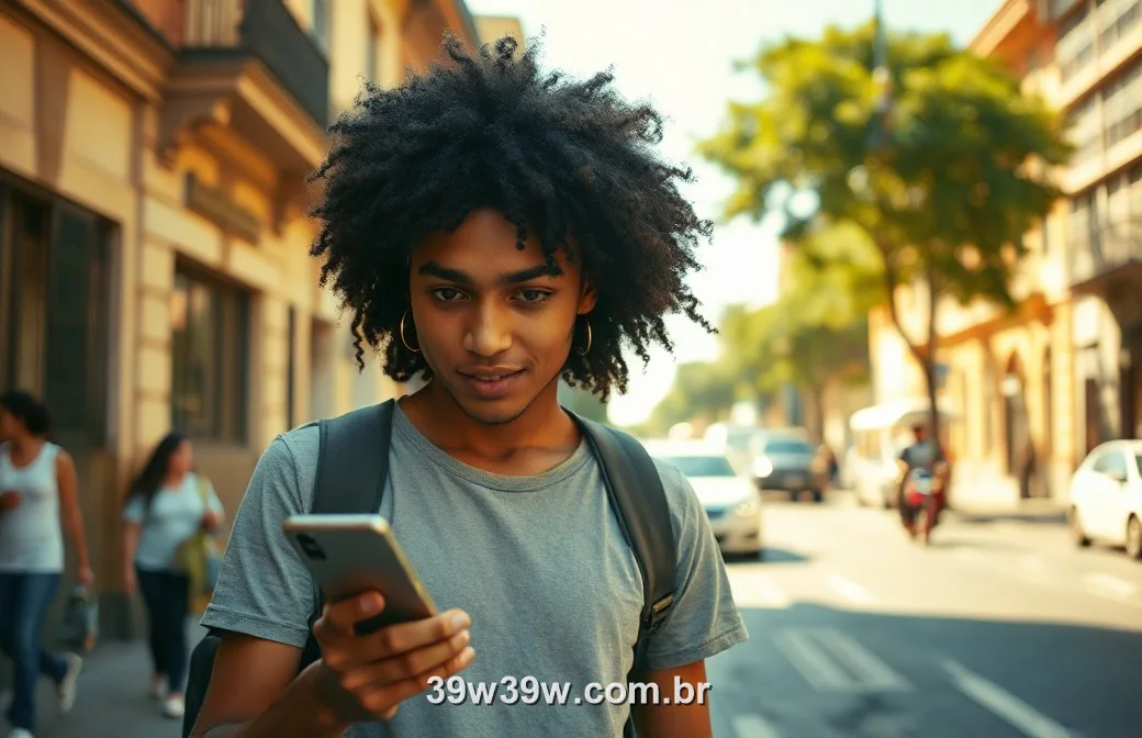Jogador acessando o cassino do 39W pelo celular na rua