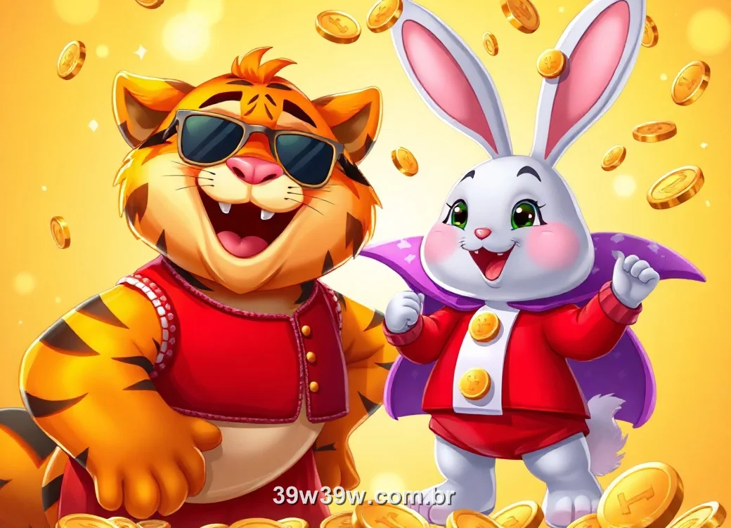 Mascotes do 39W: tigre e coelho da fortuna com moedas de ouro
