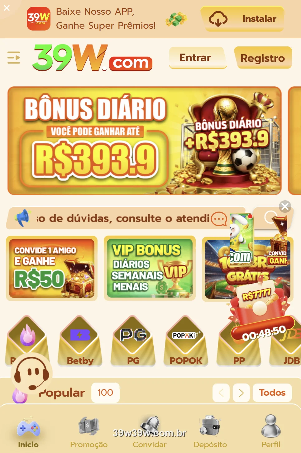 Tela inicial do app 39W com bônus diário de R$393.9